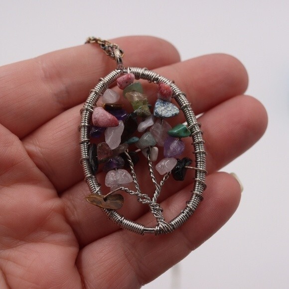 Handmade Multi-Colored Stone Wire Tree of Life Pendant Necklace Tarnished Chain - Picture 4 of 6